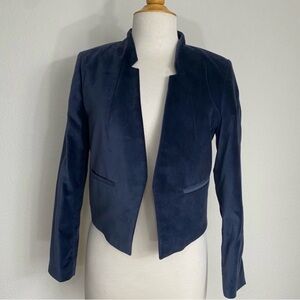 New Desiderata Women Navy Gray Open Front Velvet Blazer Size Small Classic Retro